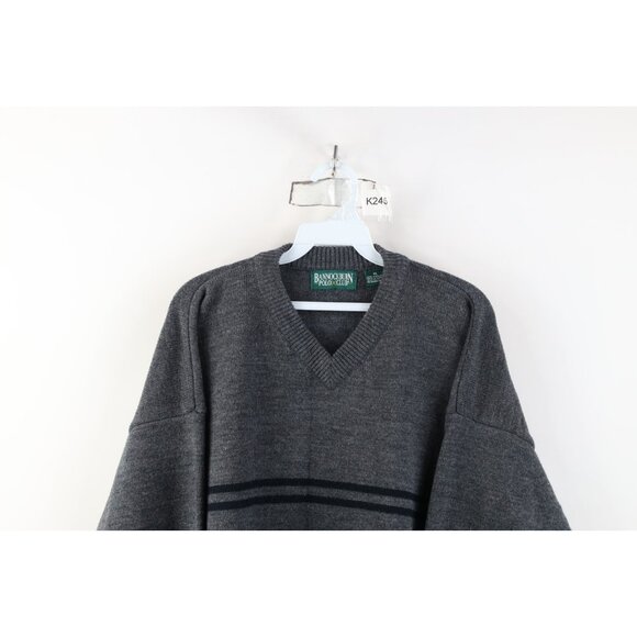 Vintage 90s Streetwear Mens XL Blank Striped Ribbed Knit V-Neck Sweater Gray - Picture 2 of 10